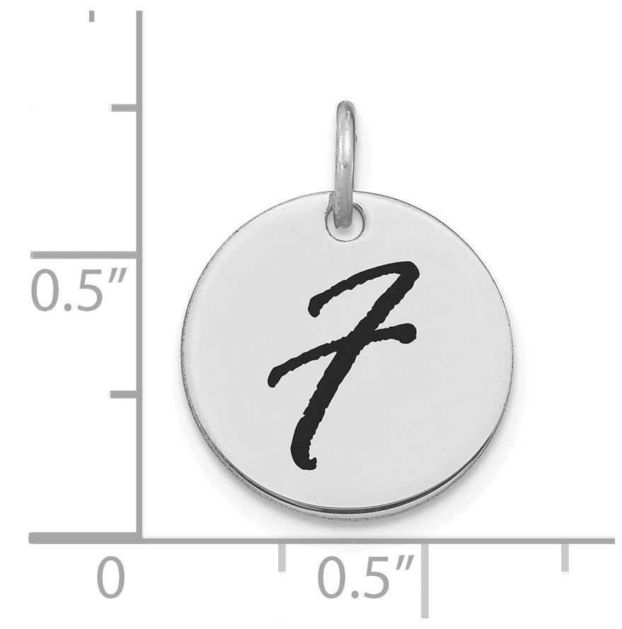 14K White Gold Polished Black Enamel Letter F Initial Disk Charm