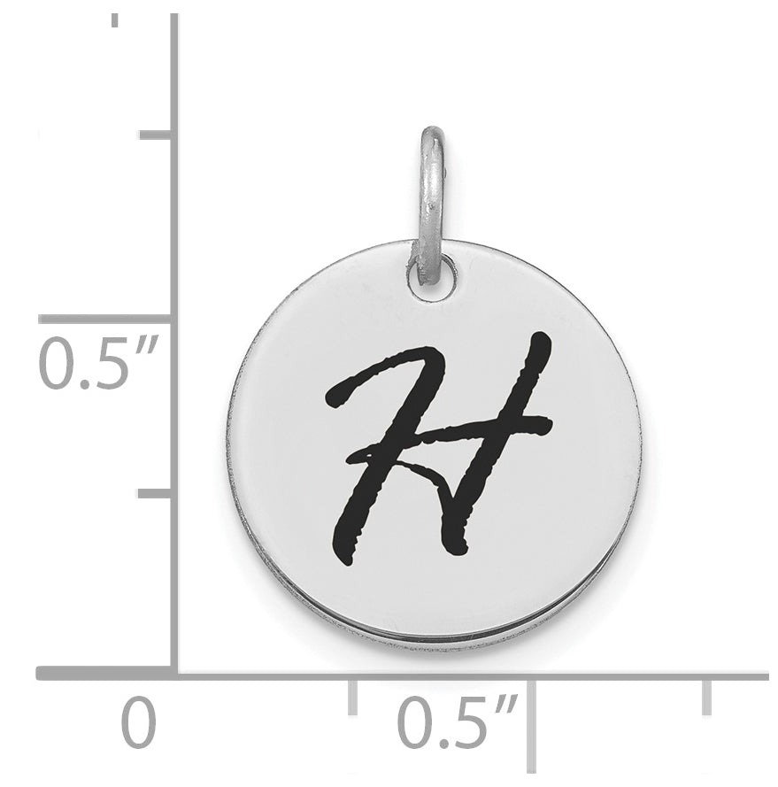 14K White Gold Polished Black Enamel Letter H Initial Disk Charm