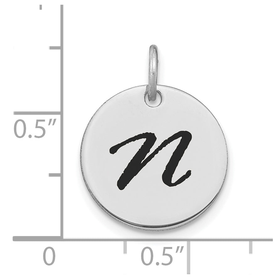 14K White Gold Polished Black Enamel Letter N Initial Disk Charm