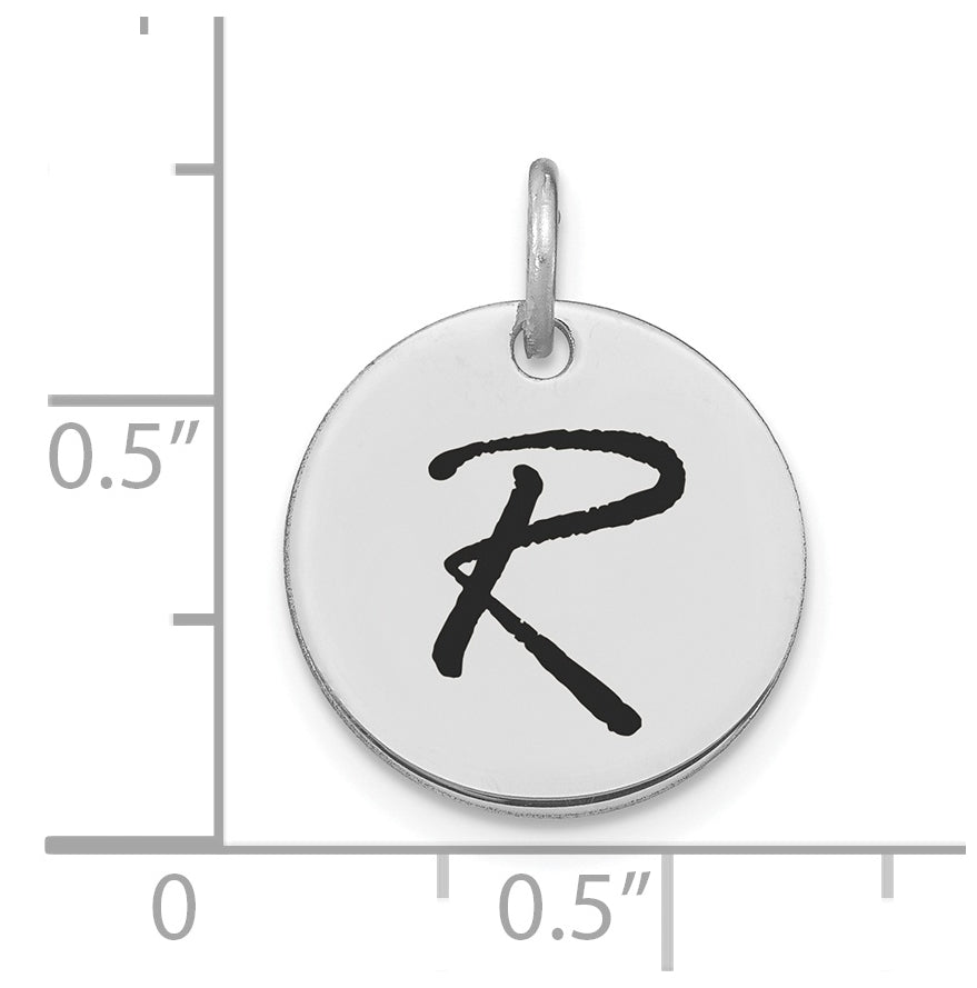 14K White Gold Polished Black Enamel Letter R Initial Disk Charm