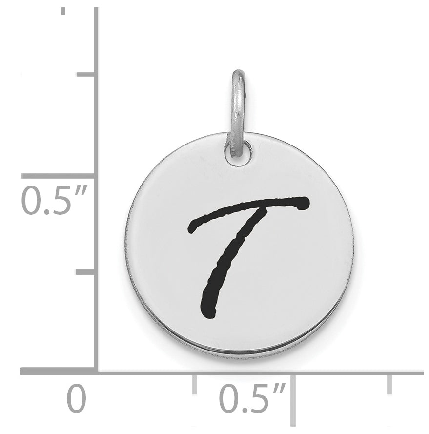 14K White Gold Polished Black Enamel Letter T Initial Disk Charm