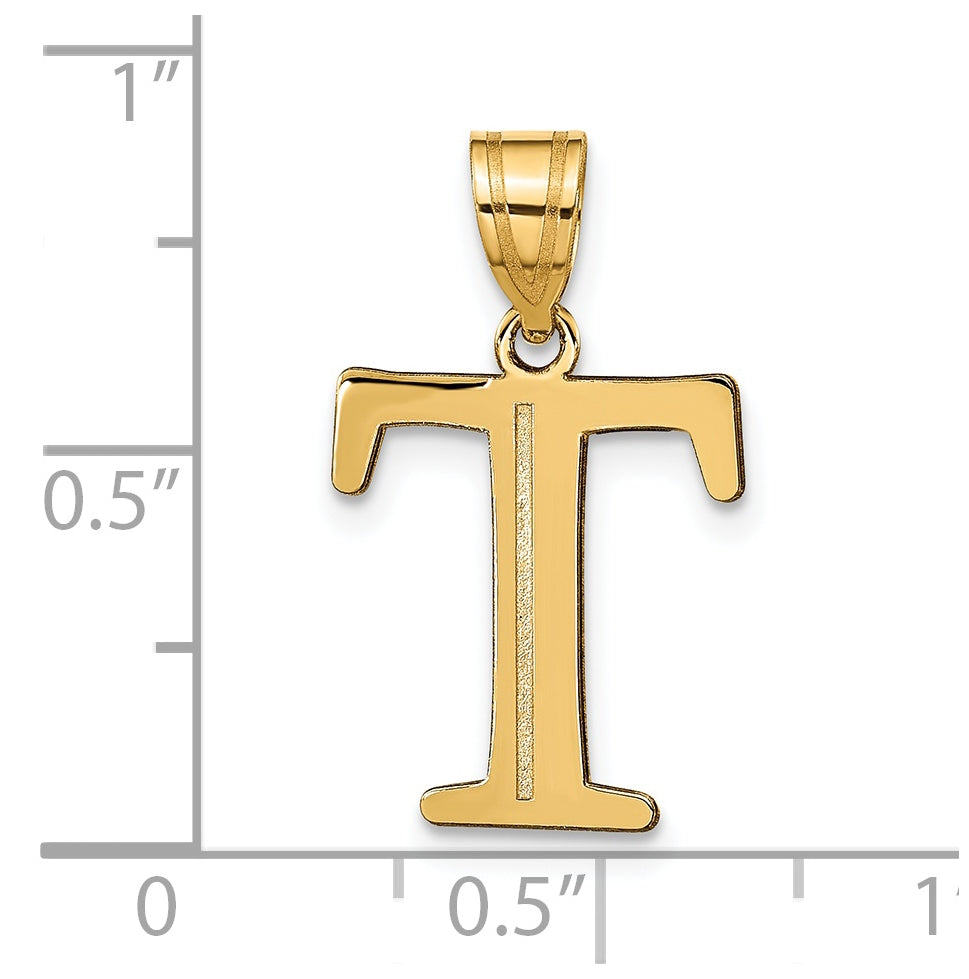 14K Yellow Gold Polished Etched Letter T Initial Pendant