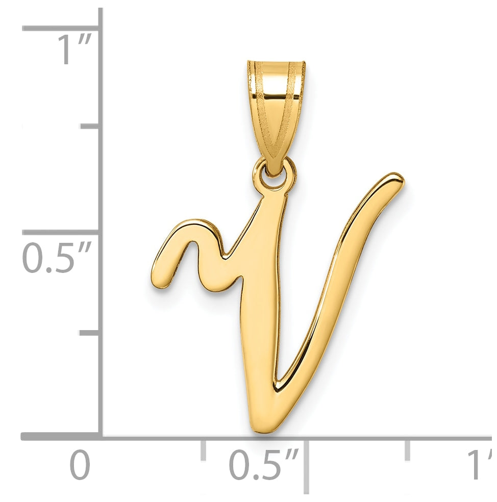 14K Yellow Gold Script Letter V Initial Pendant