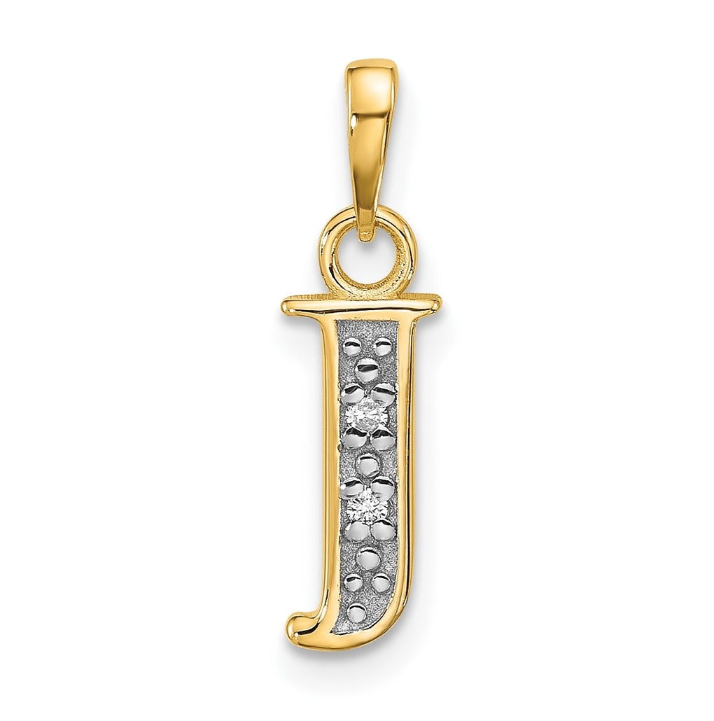 14k Yellow Gold and Rhodium Diamond Letter J Initial Pendant