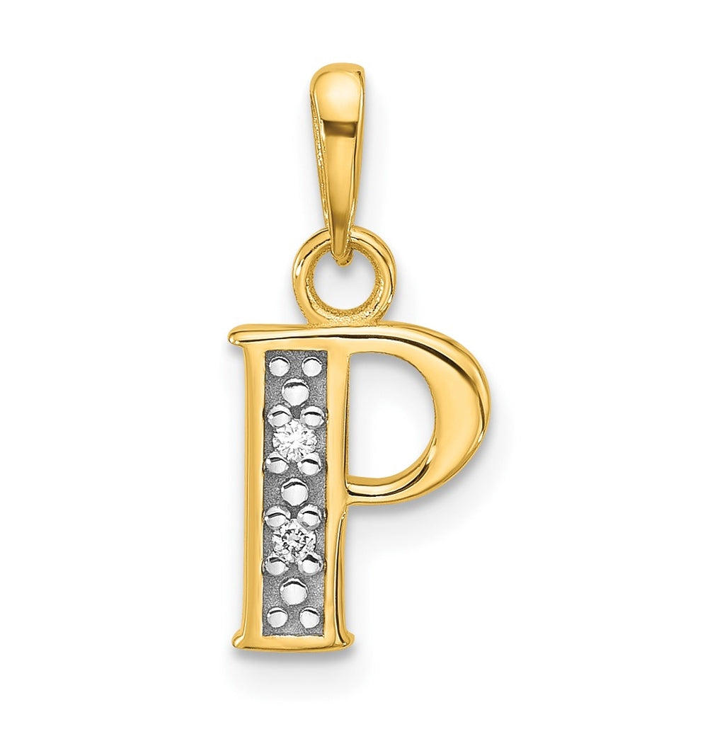 14k Yellow Gold and Rhodium Diamond Letter P Initial Pendant