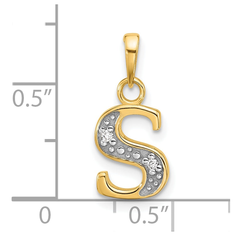 14k Yellow Gold and Rhodium Diamond Letter S Initial Pendant