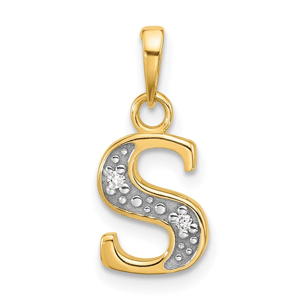 14k Yellow Gold and Rhodium Diamond Letter S Initial Pendant