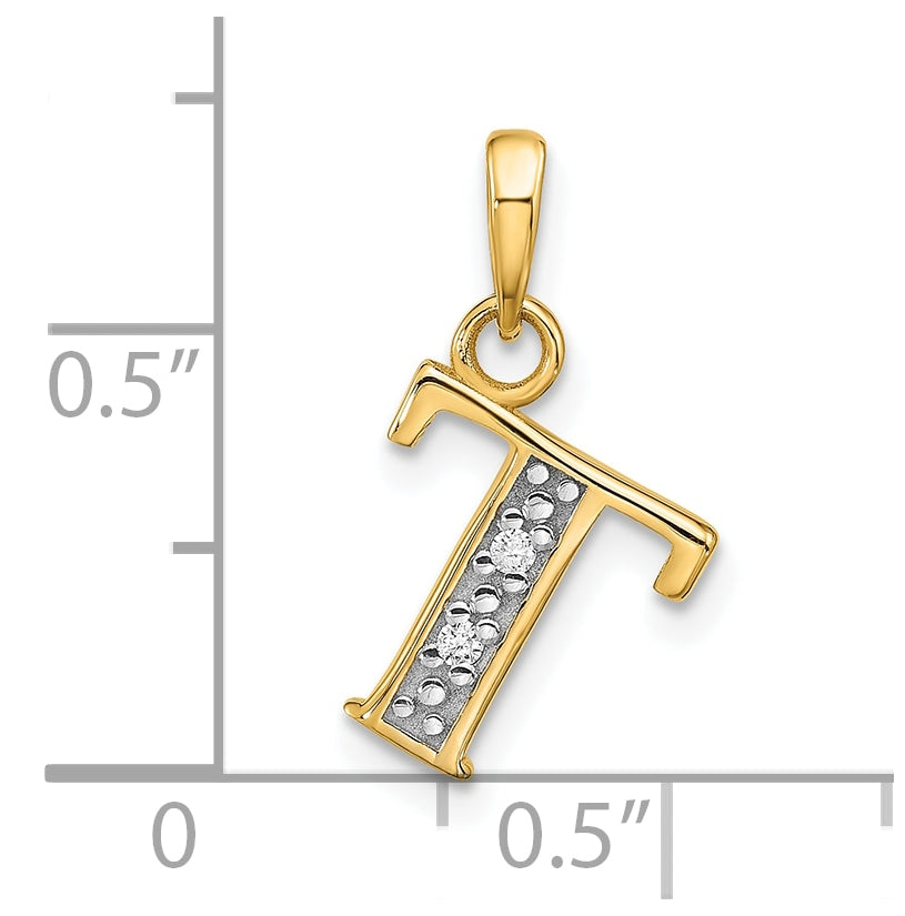 14k Yellow Gold and Rhodium Diamond Letter T Initial Pendant