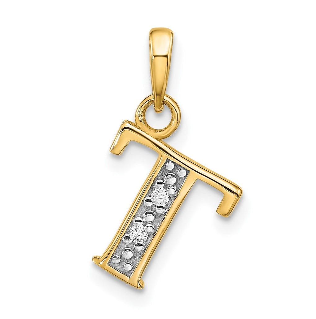 14k Yellow Gold and Rhodium Diamond Letter T Initial Pendant