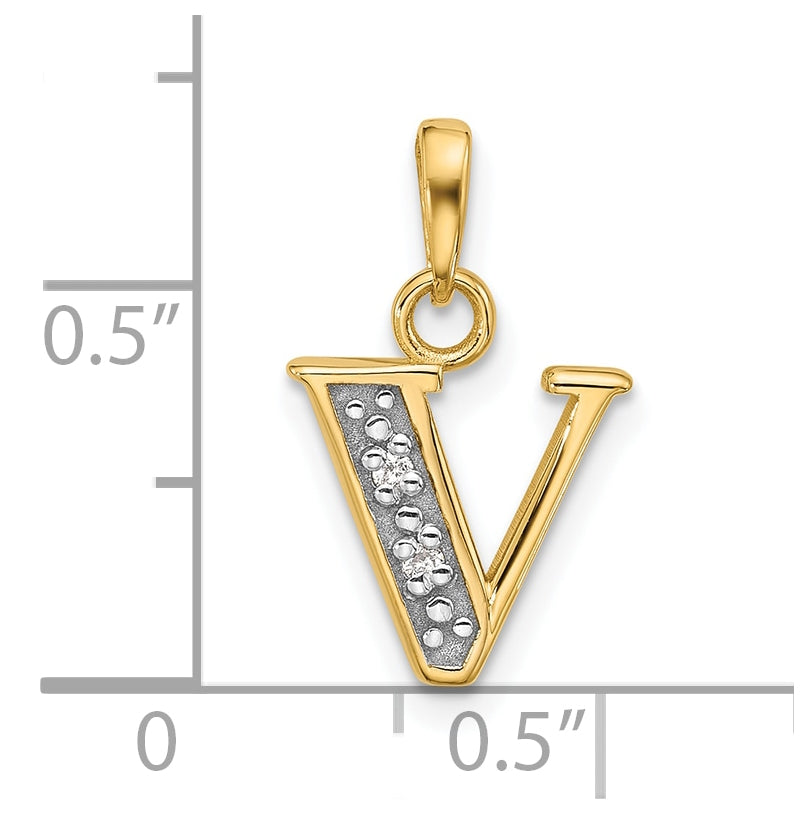 14k Yellow Gold and Rhodium Diamond Letter V Initial Pendant