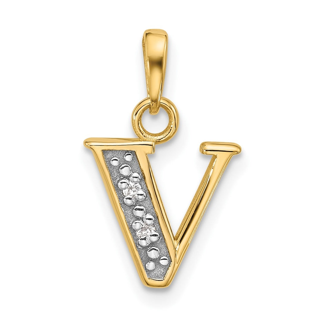14k Yellow Gold and Rhodium Diamond Letter V Initial Pendant