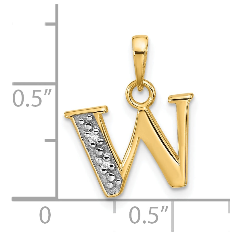 14k Yellow Gold and Rhodium Diamond Letter W Initial Pendant