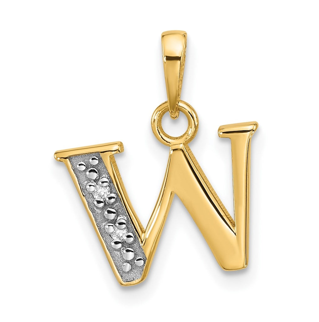 14k Yellow Gold and Rhodium Diamond Letter W Initial Pendant
