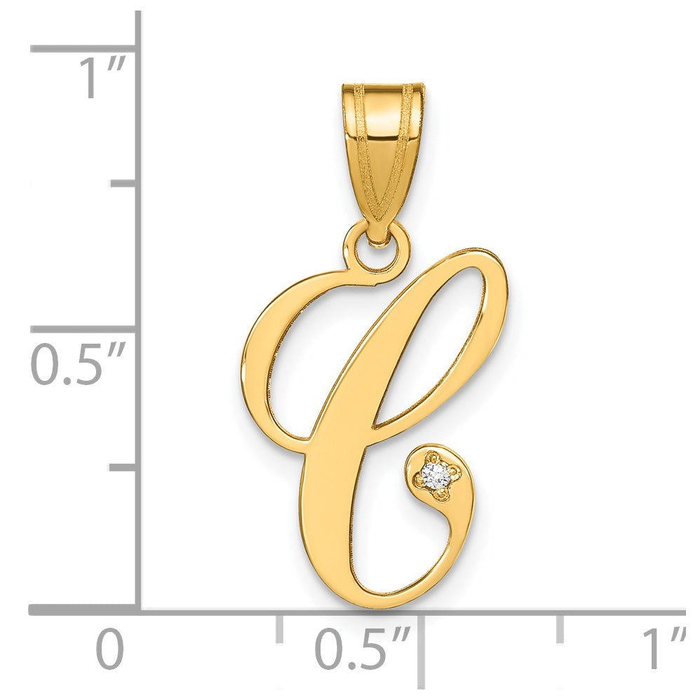 14K Yellow Gold Script Letter C Initial Pendant with Diamond