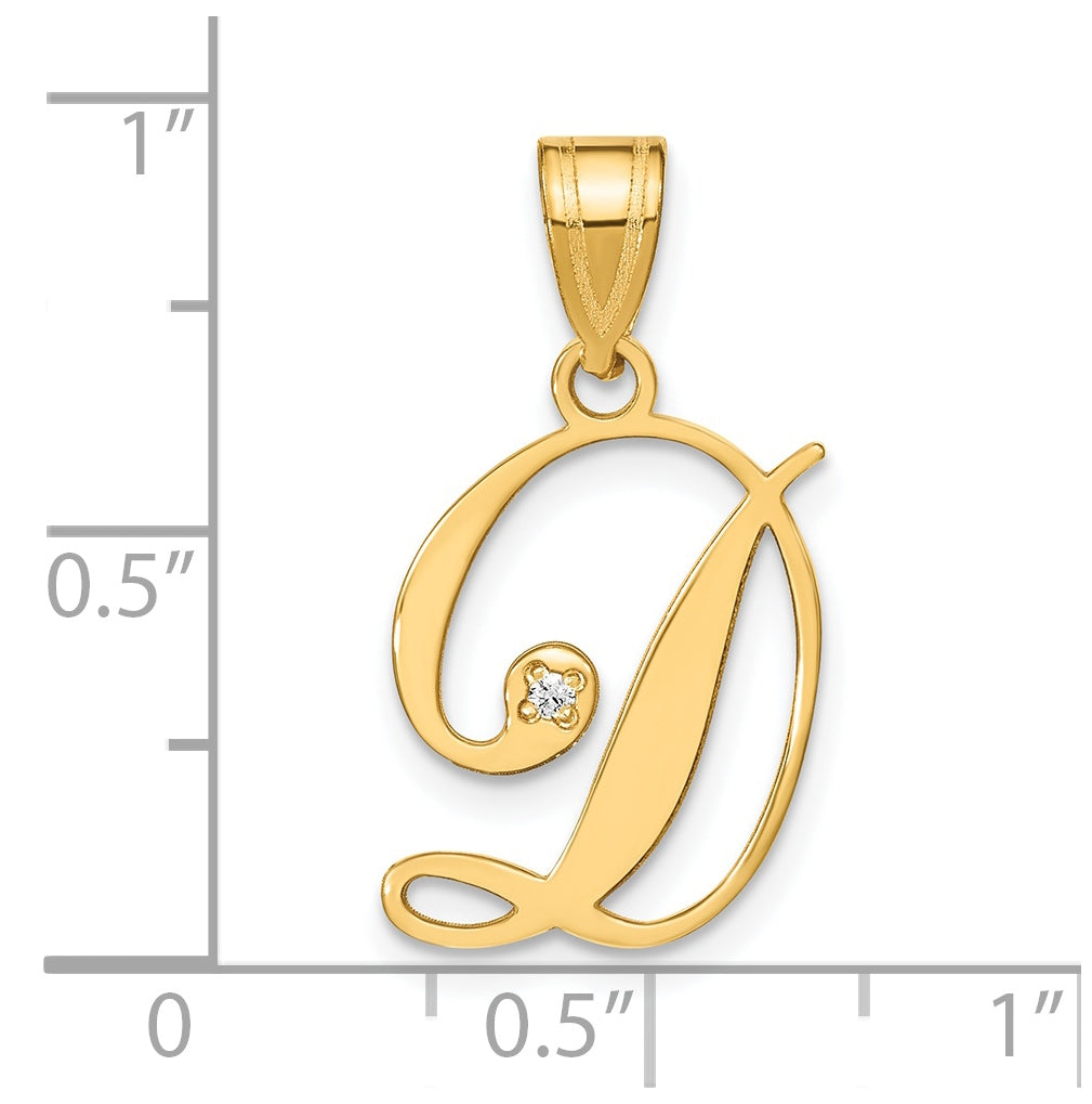 14K Yellow Gold Script Letter D Initial Pendant with Diamond