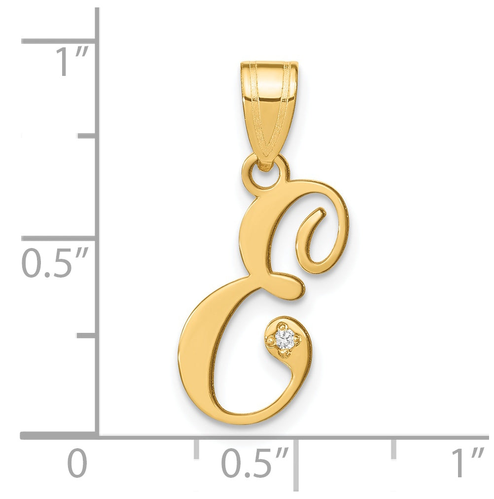 14K Yellow Gold Script Letter E Initial Pendant with Diamond