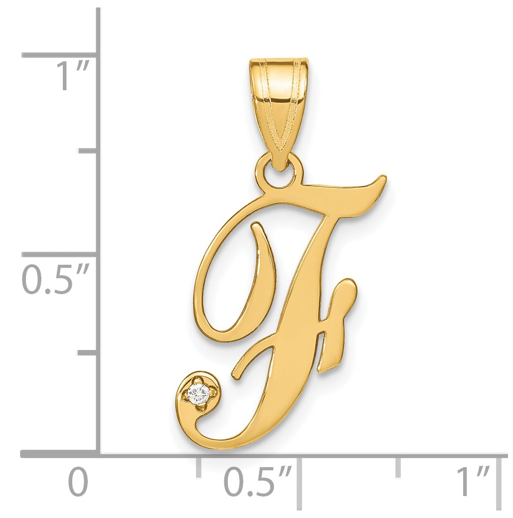 14K Yellow Gold Script Letter F Initial Pendant with Diamond