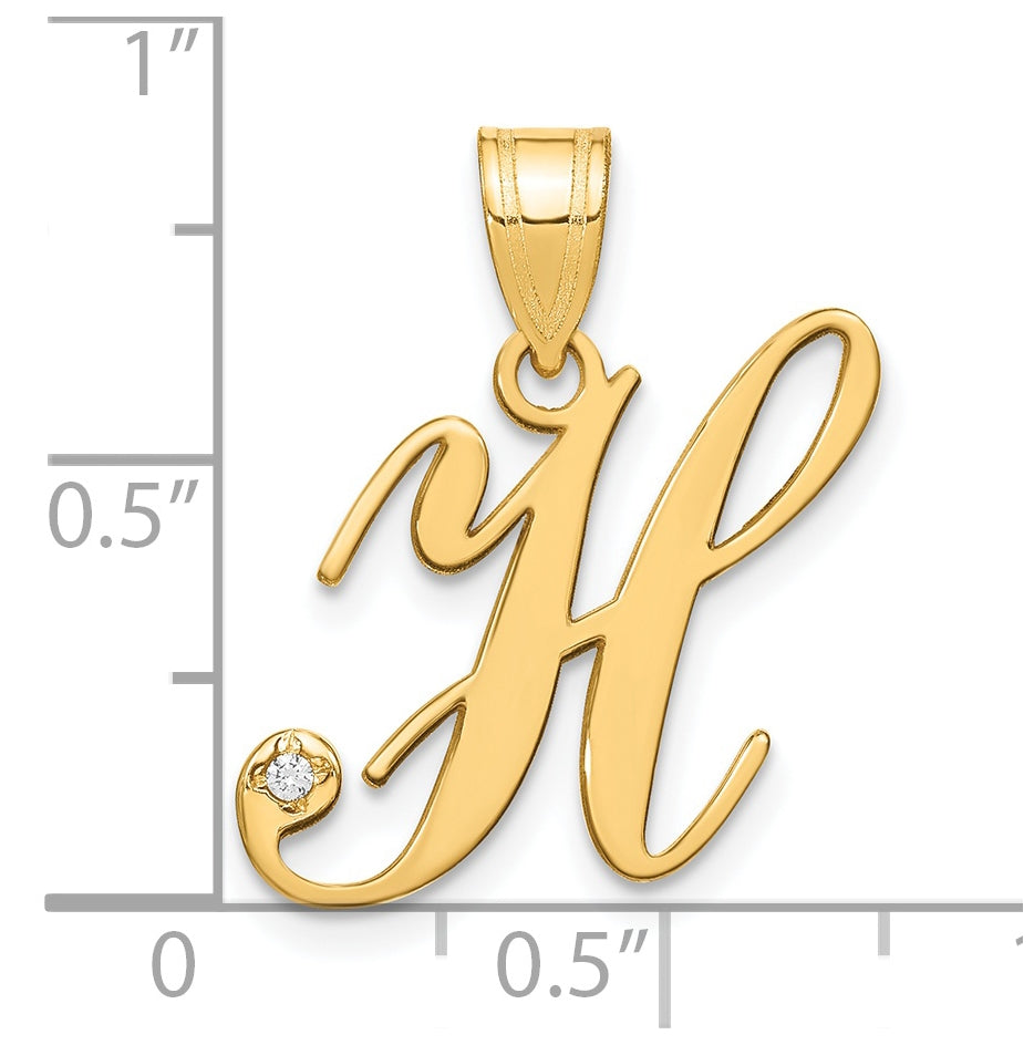 14K Yellow Gold Script Letter H Initial Pendant with Diamond