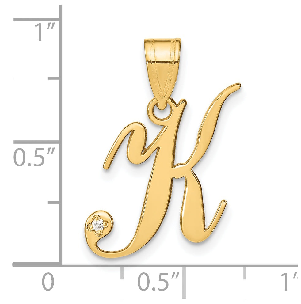 14K Yellow Gold Script Letter K Initial Pendant with Diamond
