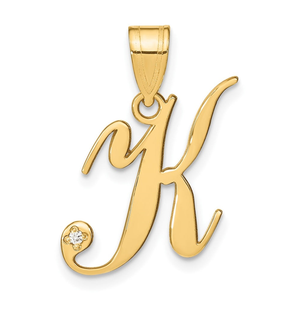 14K Yellow Gold Script Letter K Initial Pendant with Diamond