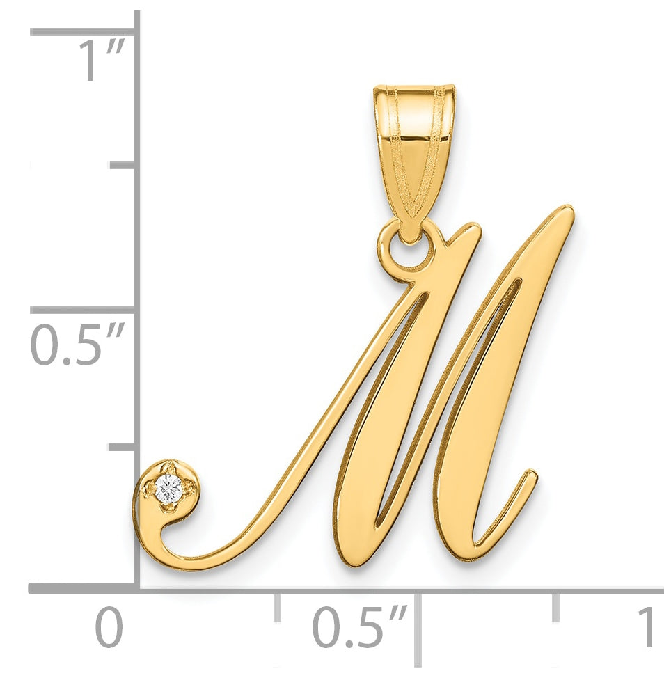 14K Yellow Gold Script Letter M Initial Pendant with Diamond