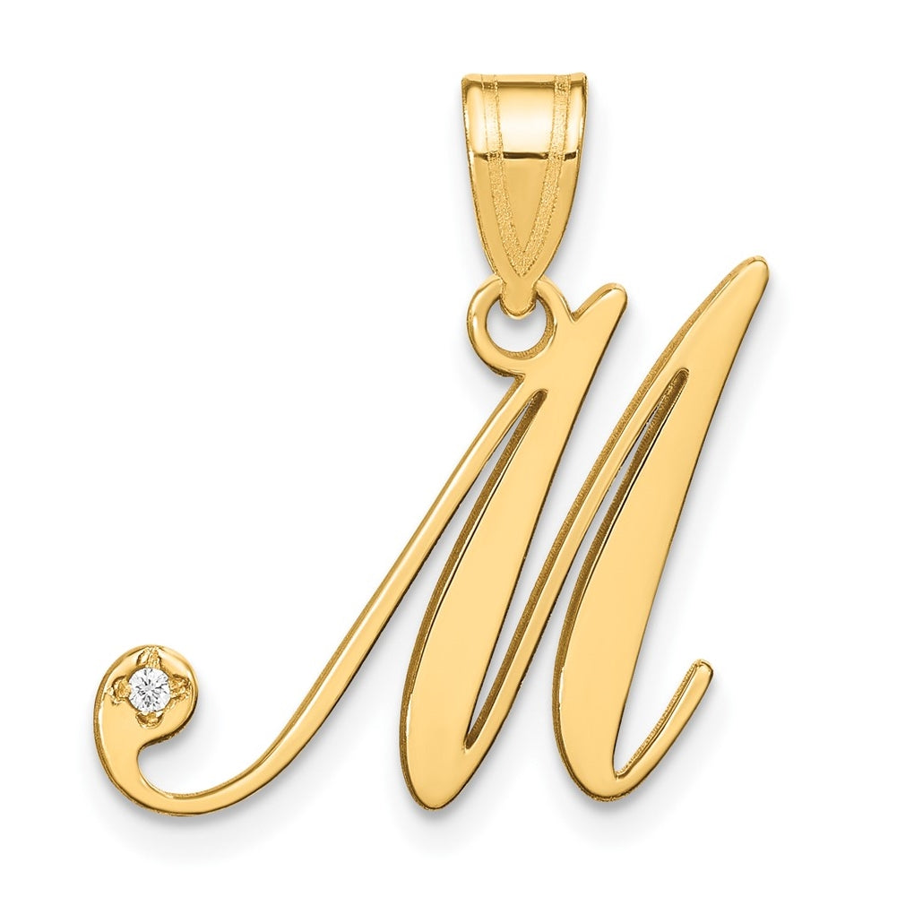 14K Yellow Gold Script Letter M Initial Pendant with Diamond