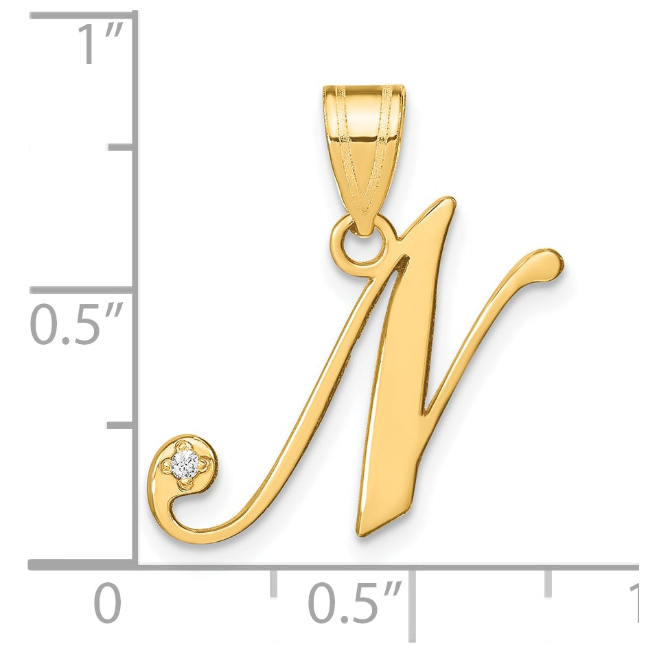 14K Yellow Gold Script Letter N Initial Pendant with Diamond