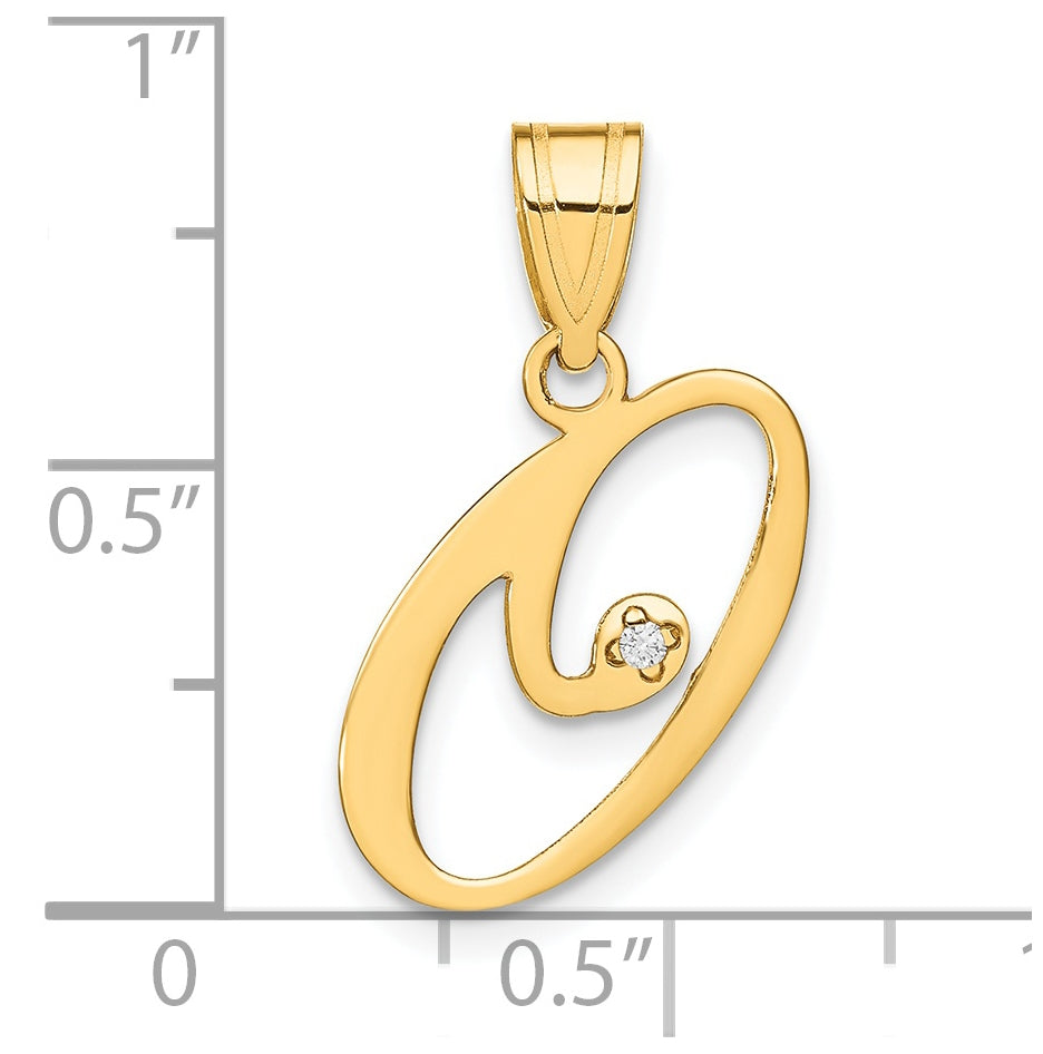 14K Yellow Gold Script Letter O Initial Pendant with Diamond