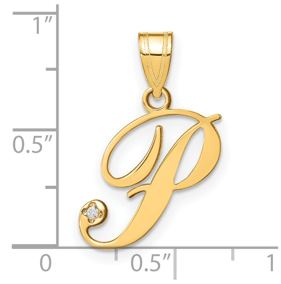 14K Yellow Gold Script Letter P Initial Pendant with Diamond