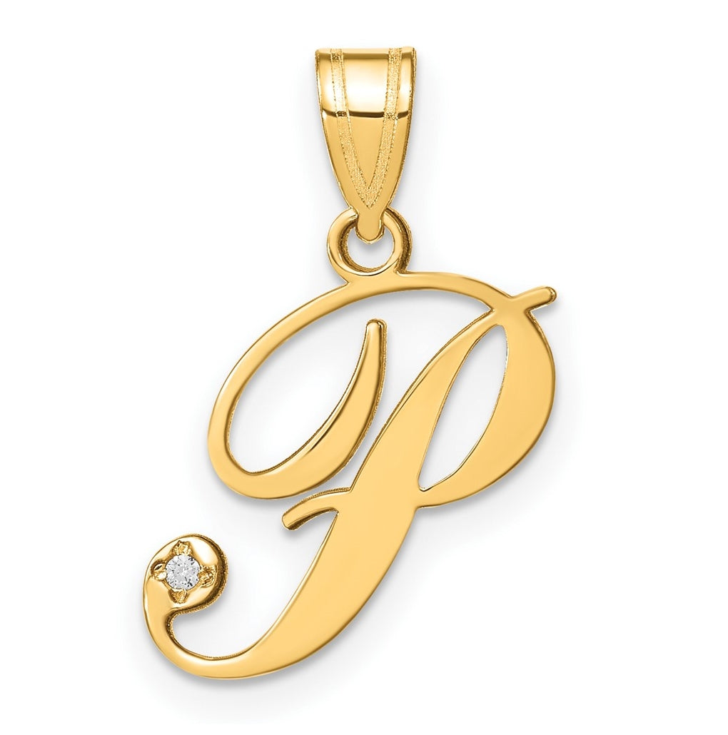 14K Yellow Gold Script Letter P Initial Pendant with Diamond