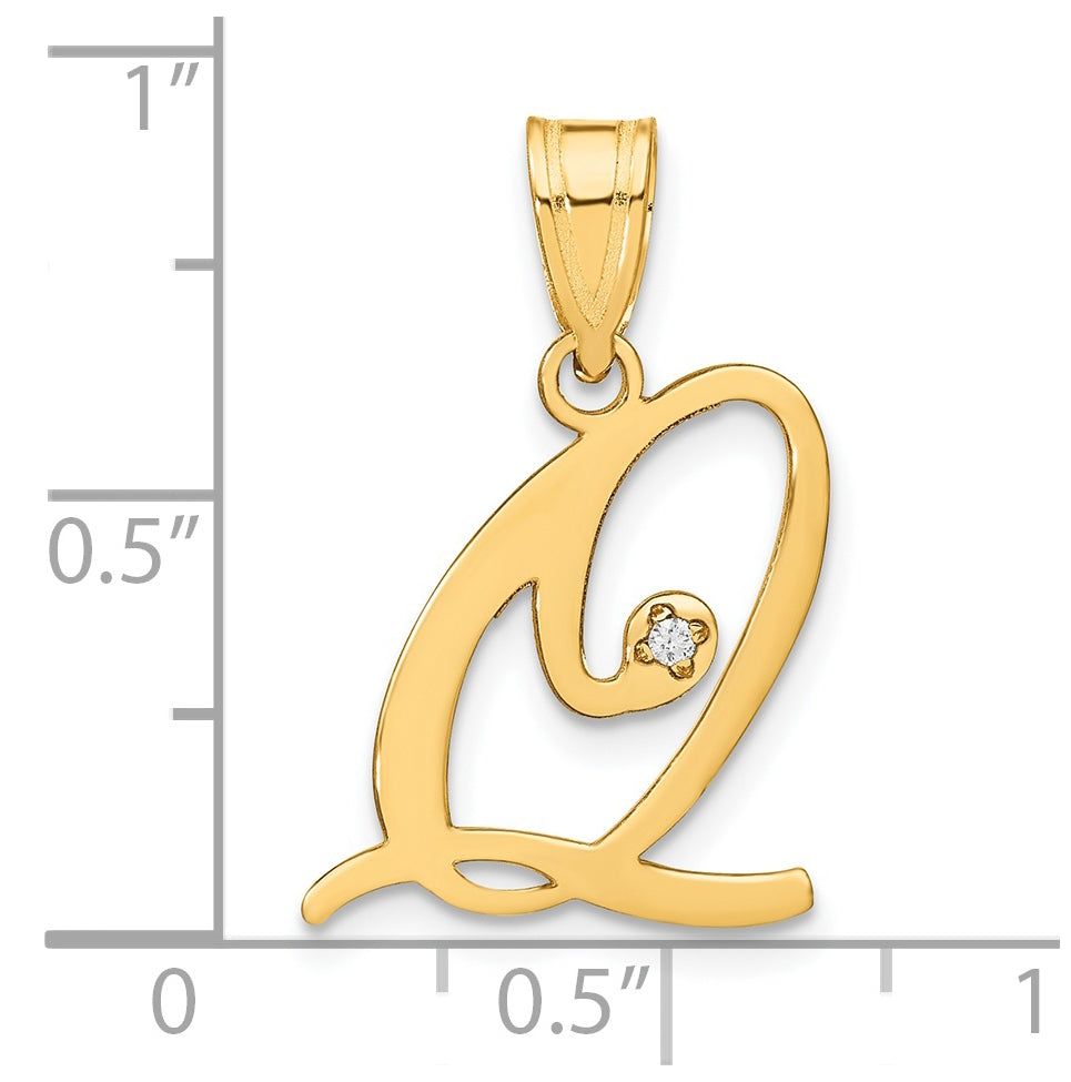 14K Yellow Gold Script Letter Q Initial Pendant with Diamond