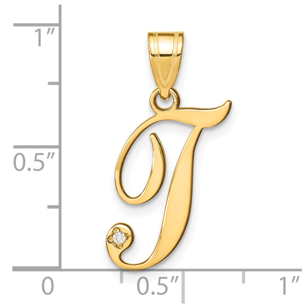 14K Yellow Gold Script Letter T Initial Pendant with Diamond