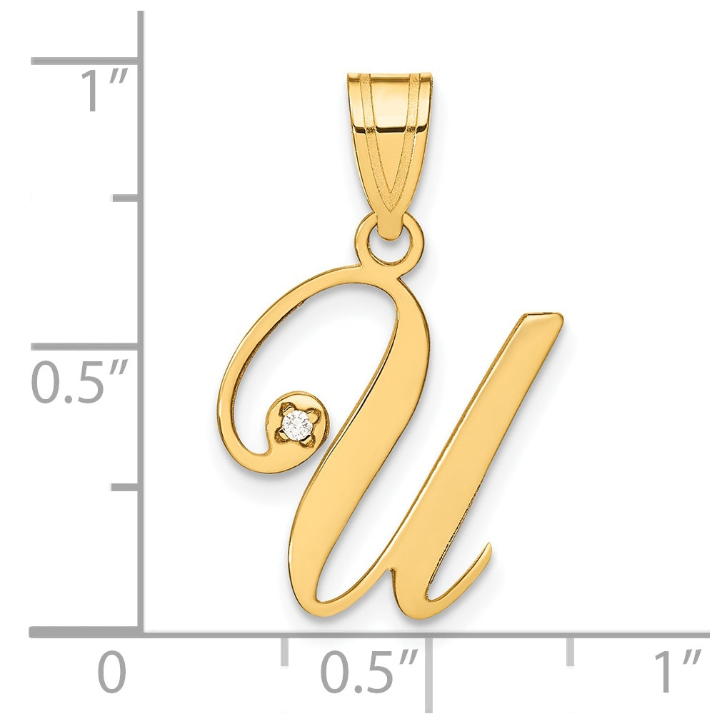 14K Yellow Gold Script Letter U Initial Pendant with Diamond