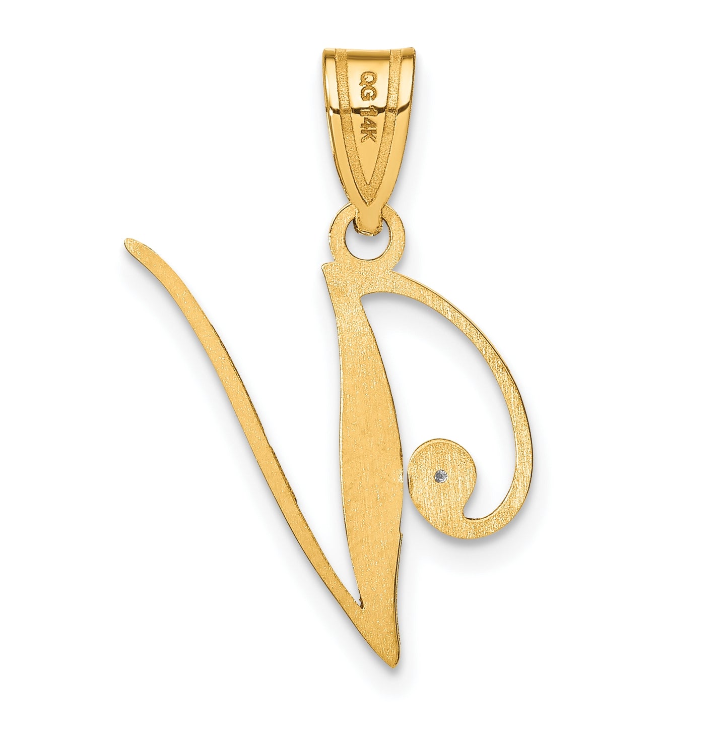 14K Yellow Gold Script Letter V Initial Pendant with Diamond