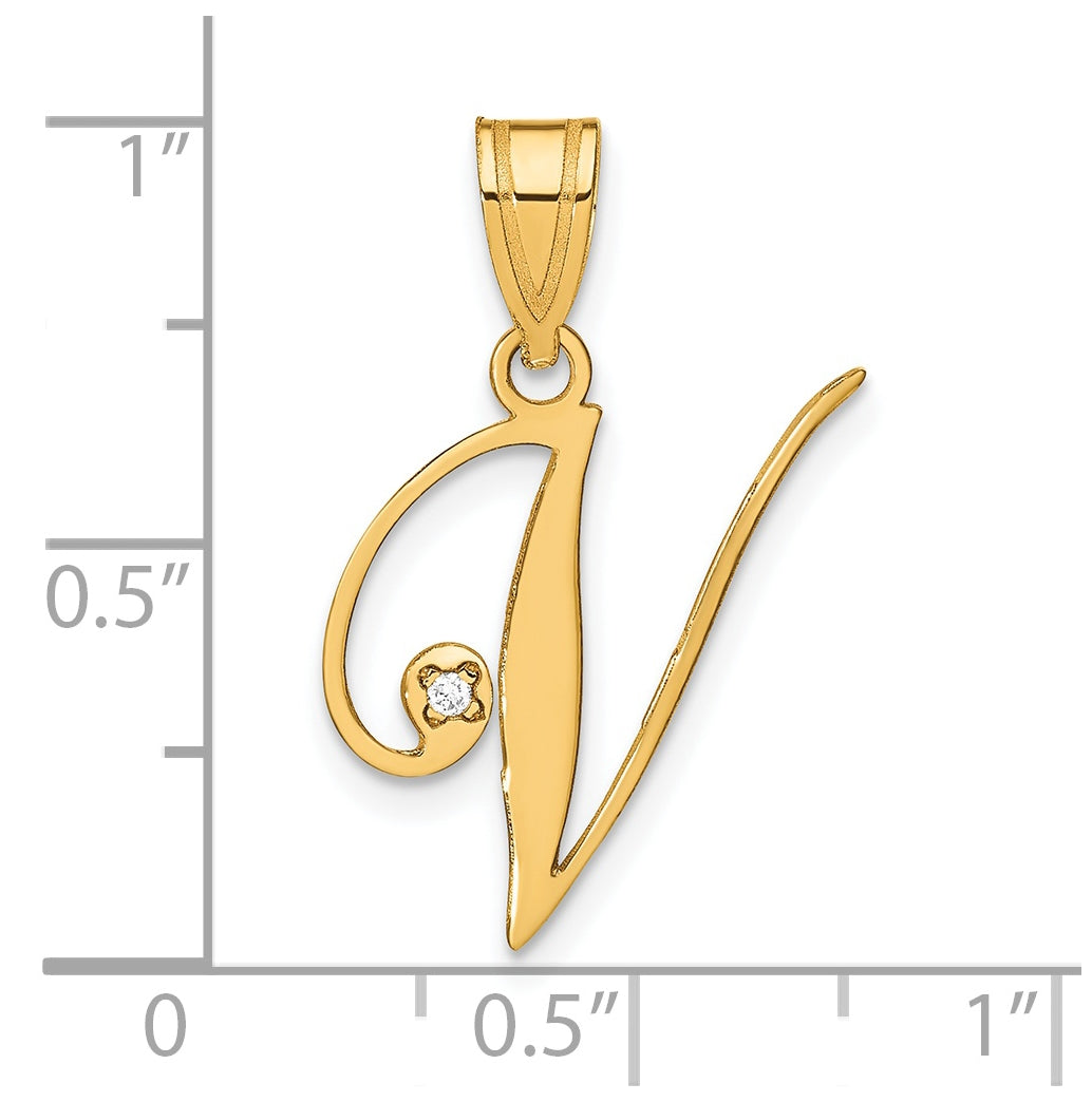 14K Yellow Gold Script Letter V Initial Pendant with Diamond