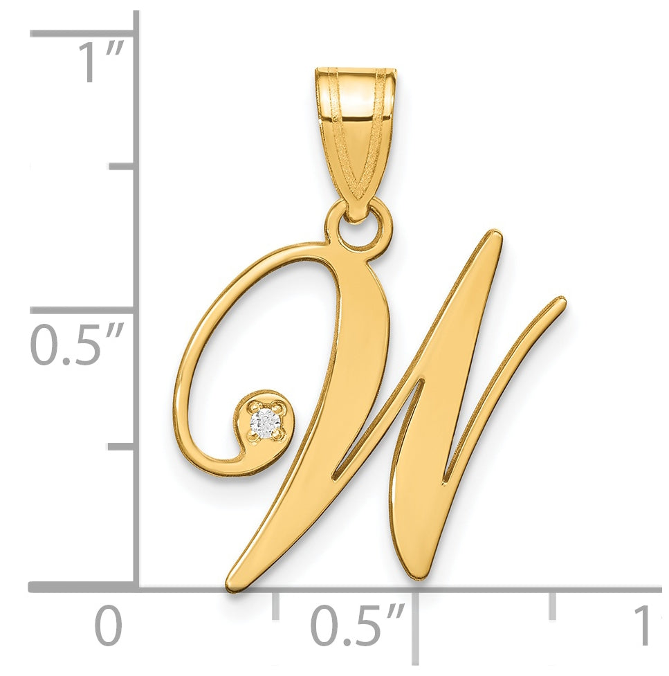 14K Yellow Gold Script Letter W Initial Pendant with Diamond