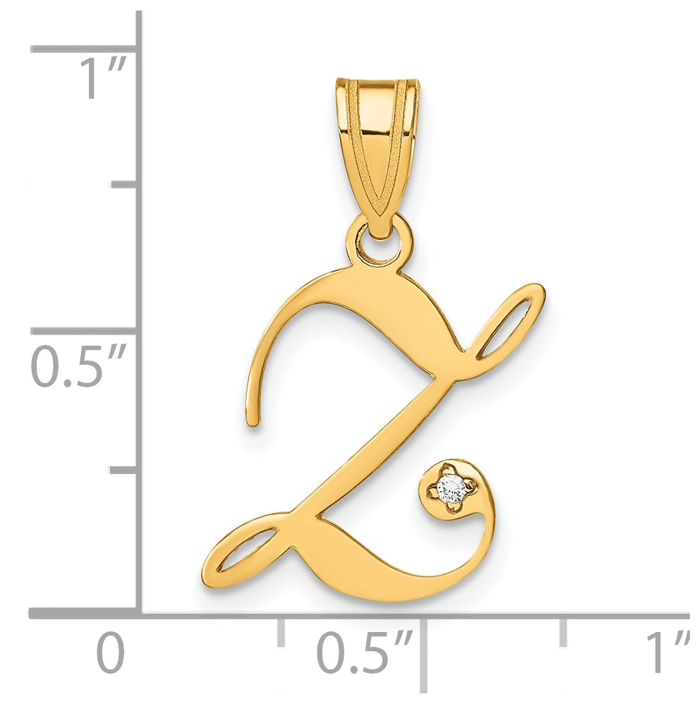 14K Yellow Gold Script Letter Z Initial Pendant with Diamond