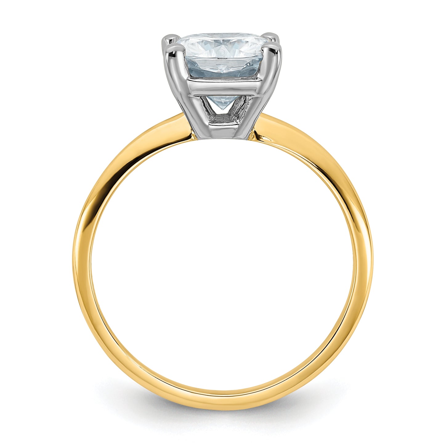 14K Yellow Gold 2ct. D E F Pure Light Cushion Moissanite Solitaire Ring, Size 8