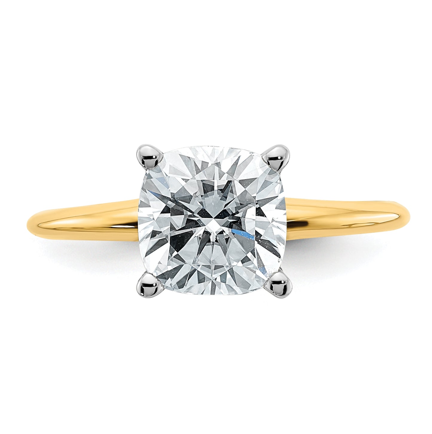 14K Yellow Gold 2ct. D E F Pure Light Cushion Moissanite Solitaire Ring, Size 9