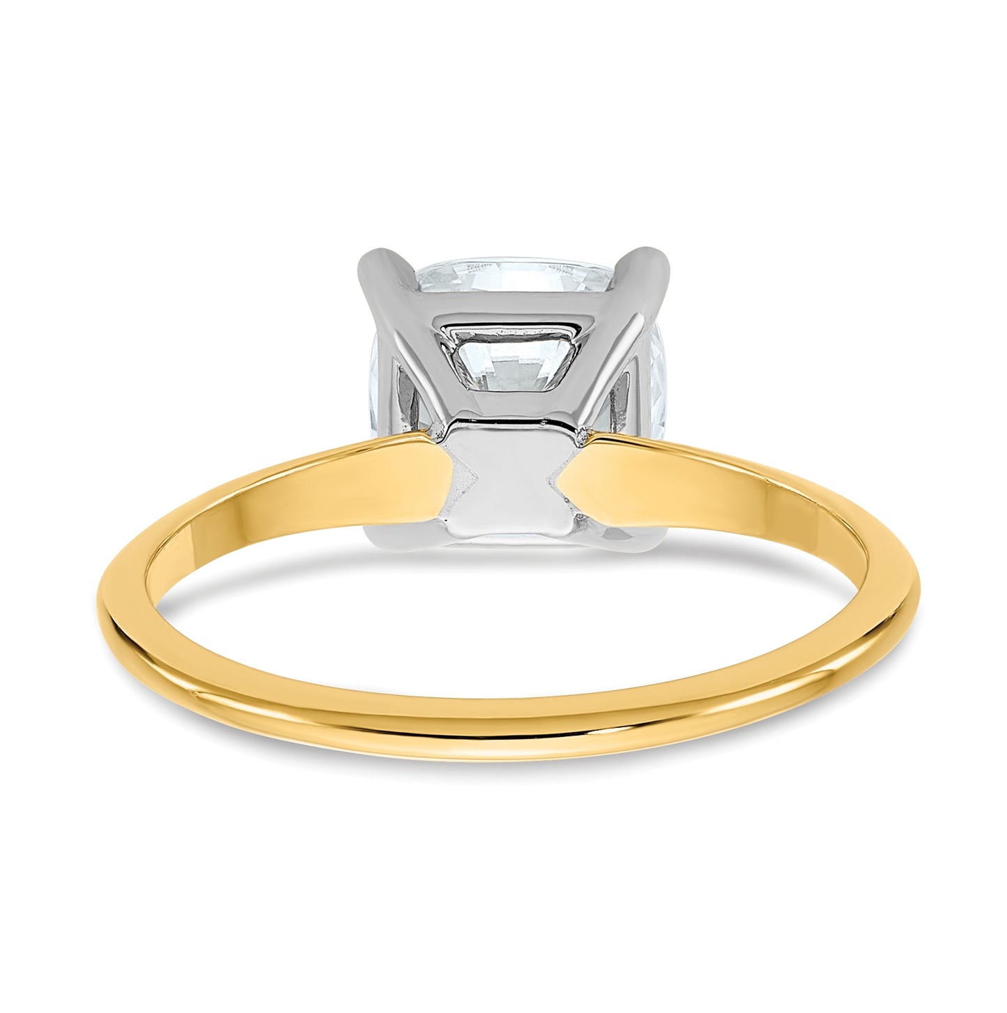 14K Yellow Gold 2ct. D E F Pure Light Cushion Moissanite Solitaire Ring, Size 9