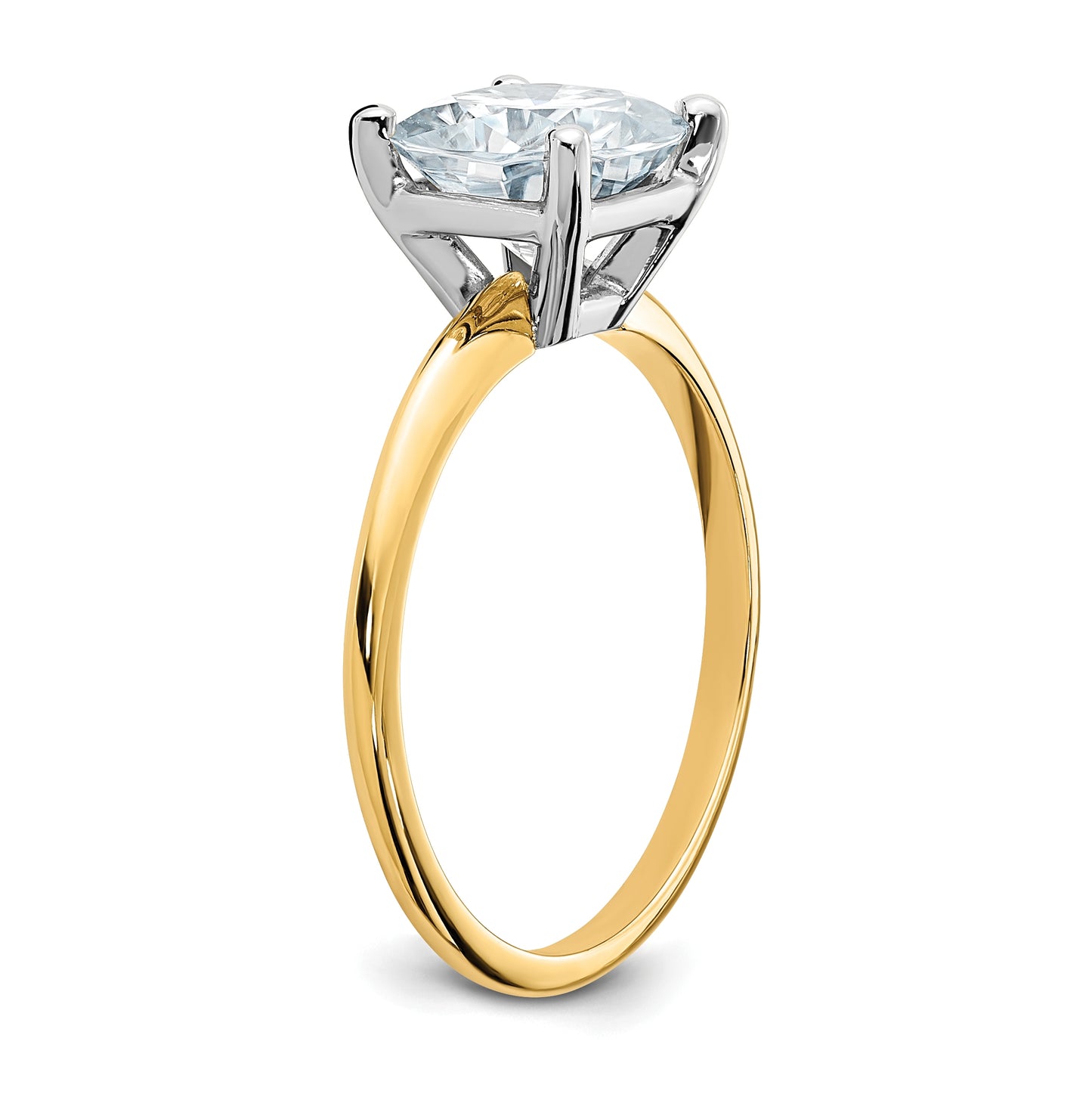 14K Yellow Gold 2ct. D E F Pure Light Cushion Moissanite Solitaire Ring, Size 8