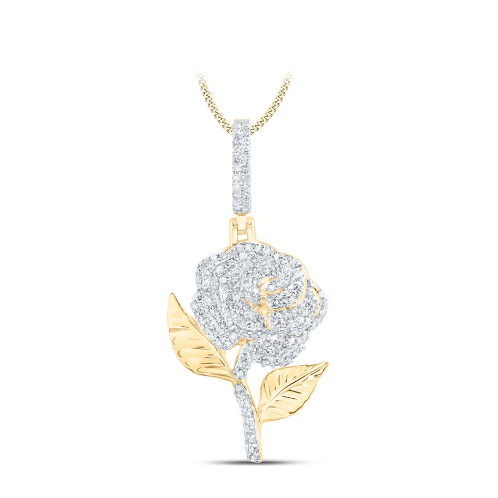 10K Yellow Gold 5/8 Cttw Round Diamond Rose Flower Charm Pendant