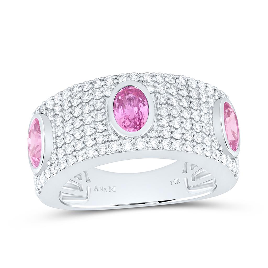 14K White Gold 7/8 Ctw Natural Diamond Ana M 6 x 4 Mm Oval Pink Sapphire Natural Gem Oval Ring