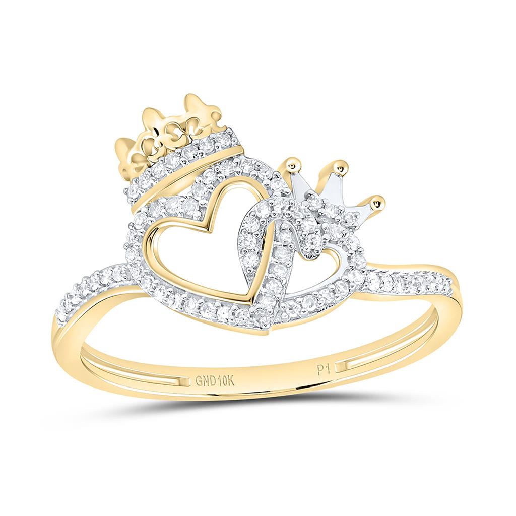10K Yellow Gold 1/8 Cttw Natural Diamond Gift Crown Heart Ring