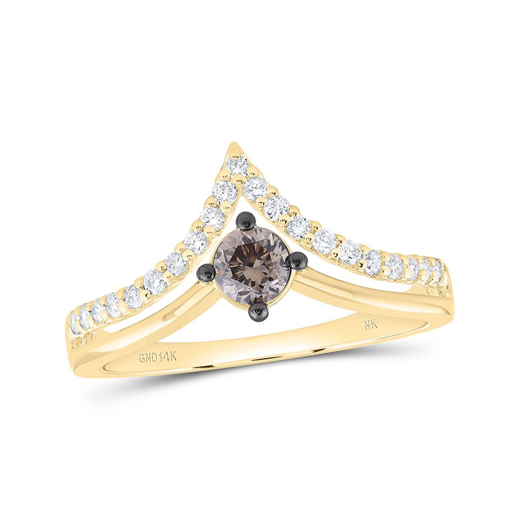 14K Yellow Gold 1/2 Cttw Natural Diamond 1/4 Cttw Center Round Fashion Cognac Natural Ring