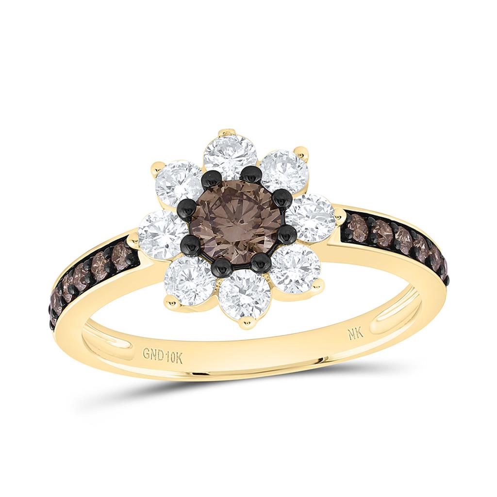 10K Yellow Gold 1 Cttw Natural Diamond Cn 1/3 Cttw Round Fashion Blue Diamond Flower Ring