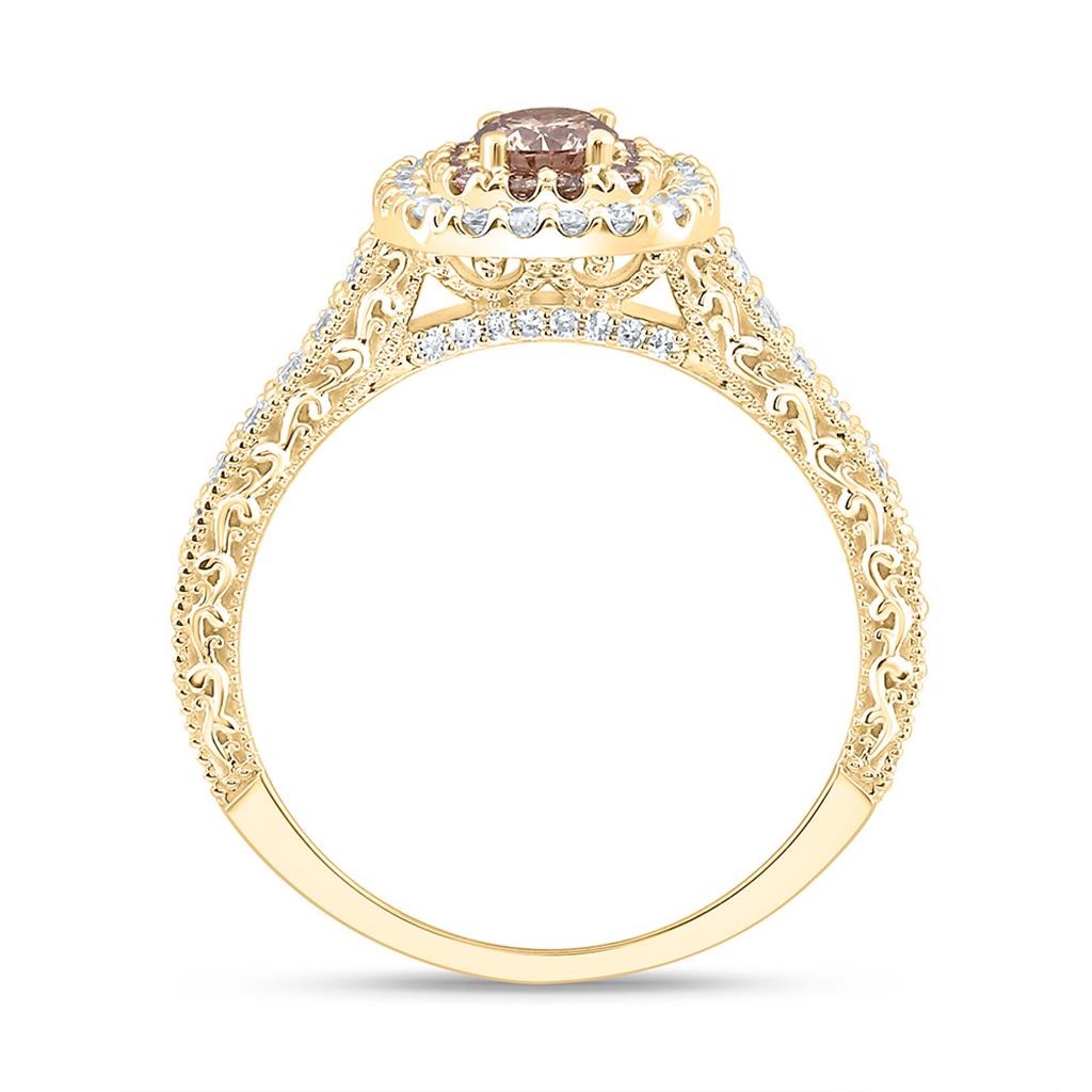 10K Yellow Gold 7/8 Cttw Natural Diamond Nk 1/4 Cttw Center Roundd Brown Fashion Ombre Diamond Cushion Double Halo Bridal Ring