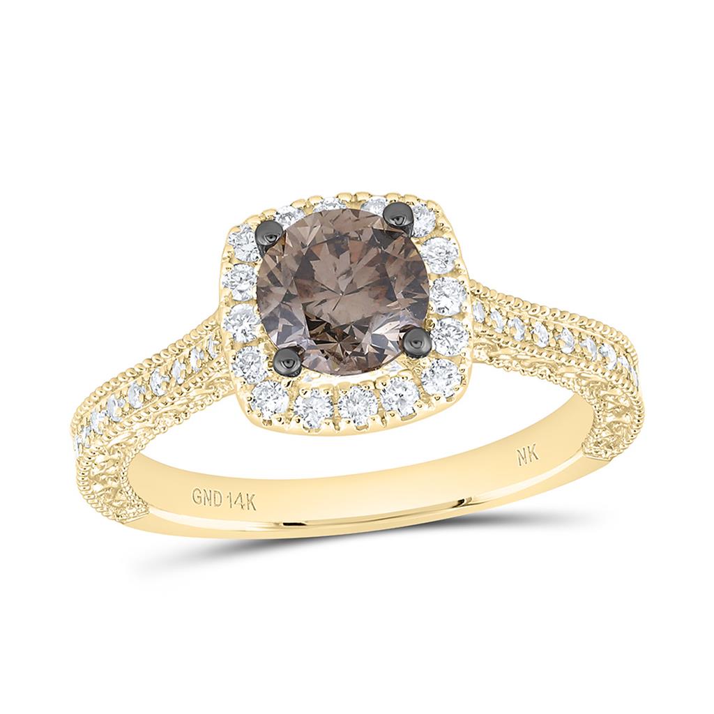 14K Yellow Gold 1 3/8 Cttw Natural Diamond 1 Cttw Center Round Brown Fashion Cognac Natural Cushion Single Halo Bridal Ring