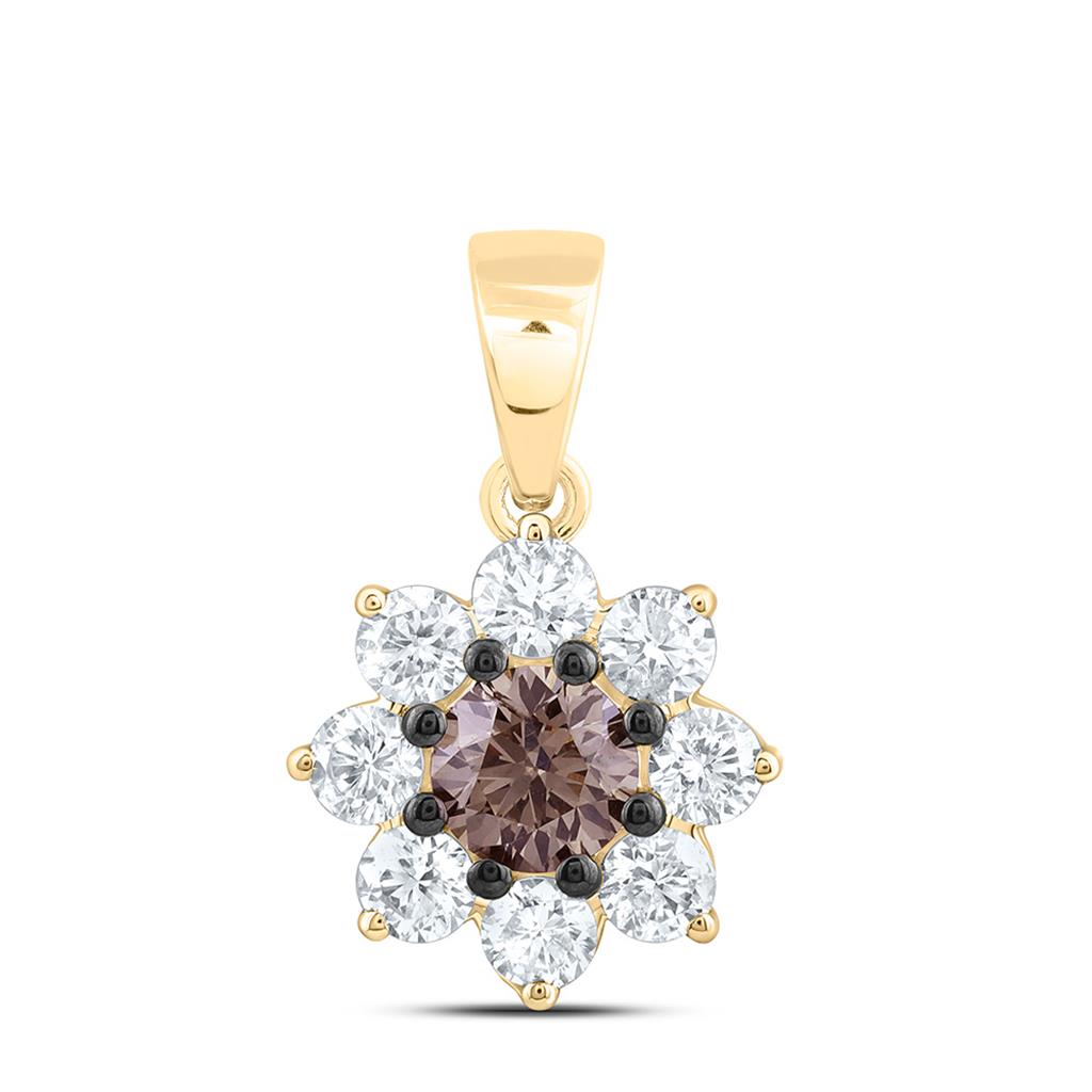 10K Yellow Gold 7/8 Cttw Natural Diamond 1/3 Cttw Round Brown Fashion Cognac Natural Flower Pendant