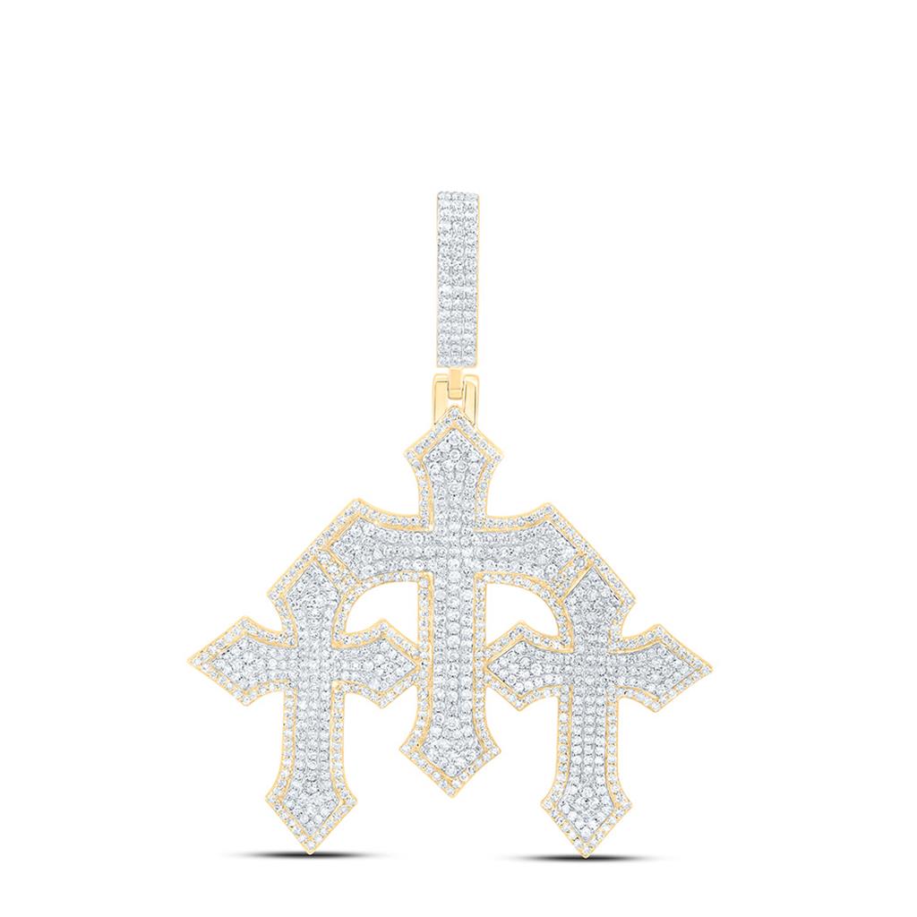 10K Yellow Gold 1 7/8 Cttw Natural Diamond Three Cross Mens Charm